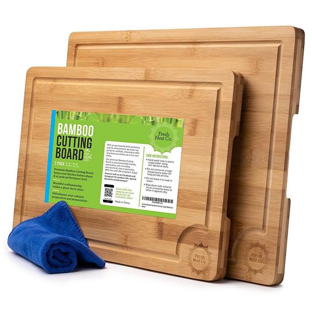 Extra Large & Large Bamboo Chopping Board Set by Fresh Nest Co. | Big Cutting Boards | Thick Wood Cutting Board with Handle and Juice Groove | Wood Cutting Boards for Kitchen | Wooden Chopping Boards