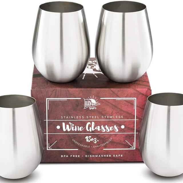Premium Solid Stainless Steel Wine Glasses PLUS Recipe eBook | Stemless Wine Glass Set of 4, for Men and Women | Large 18 Ounce by Backyard Bum | Unbreakable and Tip Resistant for Perfect Entertaining