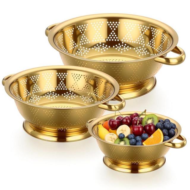 Acellegic 3 Pcs Gold Colander Set 1/2.5/4 Quart Stainless Steel Colander Gold Strainer Basket with Handles Kitchen Strainer for Draining Spaghetti Pasta, Rinsing Vegetables or Fruits