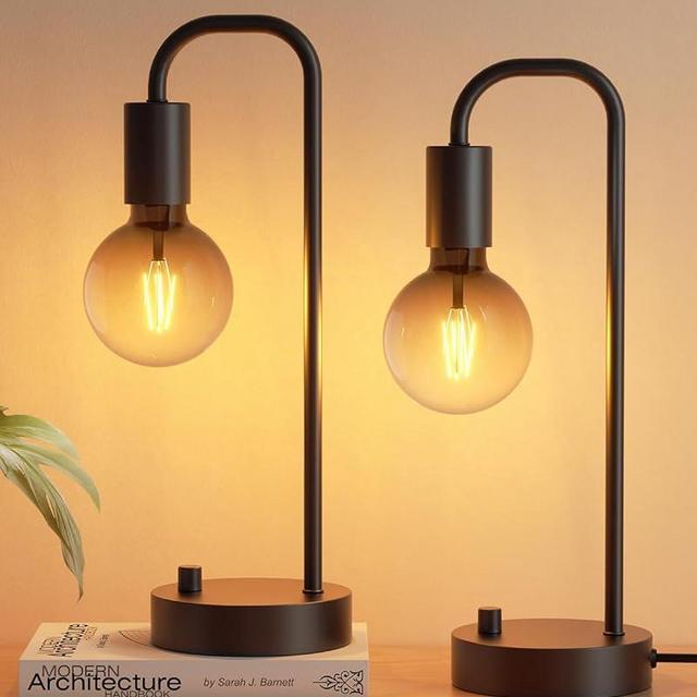 ONEWISH Industrial Metal Table Lamp for Bedroom Set of 2, Fully dimmable Small Beside Lamp with Gradient Black Art LED Bulb, Modern Nightstand Desk Lamp for Living Room, Office, Reading(Bulb Included)