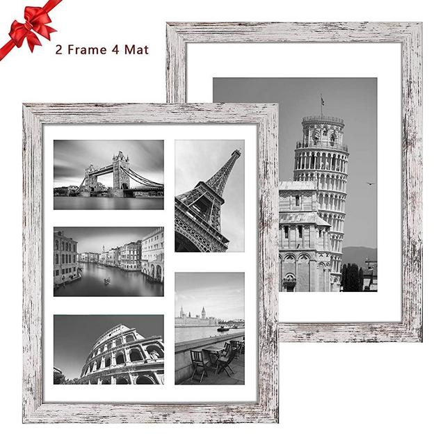 Q.Hou 11x14 Picture Frames Wood Patten Distressed White Set of 2, Each Frame with 2 Mats,Display 8x10 or Five 4x6 Photos with Mat & 11x14 Picture Without Mat for Wall Mount (QH-PF11X14-RW)