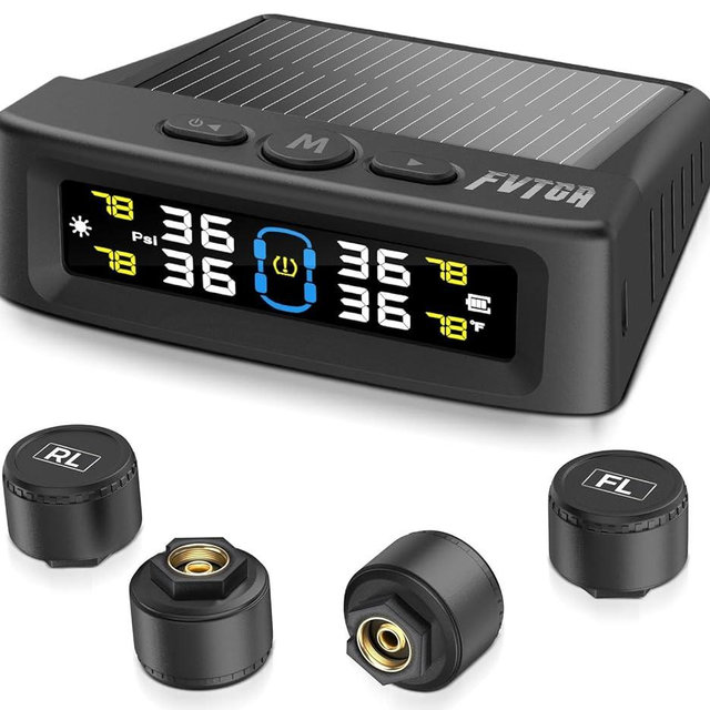 Tire Pressure Monitoring System - TPMS with Solar and USB Charger, 4 Tire Sensors and 6 Alarm Modes, Auto on/Off and Voice Prompt, TPMS with Color LCD Screen, for RV, Sedan, SUV, MPV, etc (0-87 PSI)