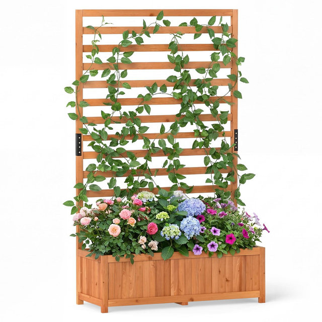Costway Wooden Raised Garden Bed w/ Vertical Trellis Liner Drainage