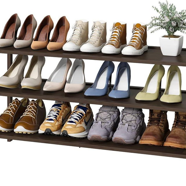 kiplant 3-Tier Long Shoe Rack, Bamboo Wood Shoe Rack for Entryway, Stackable | Foldable | Natural, Shoe Organizer for Hallway Closet, Free Standing Shoe Racks for Indoor Outdoor