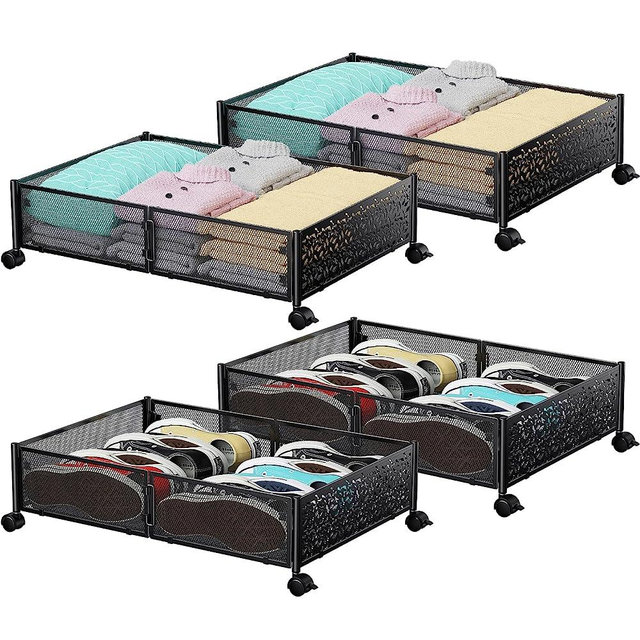 Under Bed Storage, Under the Bed Storage Containers with Wheels, Under Bed Shoe Storage Organizer Drawer, Tool-free Assembly Metal Underbed Storage Containers for Bedroom Clothes Shoes Blankets -4PCK