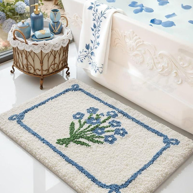 DEXI Floral Bathroom Rugs 20x32, Blue Bouquet Bath Mat Non Slip, Washable Absorbent Quick Dry Bathmat, Extra Soft Microfiber Plush Vintage Bath Rugs for Shower Floor, Tub, Sink, Ivory