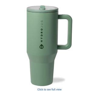 HydroJug Traveler - 40 oz Water Bottle with Handle & Flip Straw - Fits in Cup Holder, Leak Resistant Tumbler-Reusable Insulated Stainless Steel & Rubber Base - Gifts for Women & Men, Sage