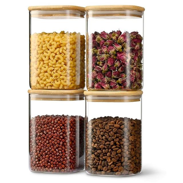 D2scrma 41oz Airtight Glass Square Storage Canister with Bamboo Lid Set of 4 (1200ml) Container Stackable Jar, Kitchen Canister for Pantry Noodles, Flour and Coffee beans (‎with Black Lable)