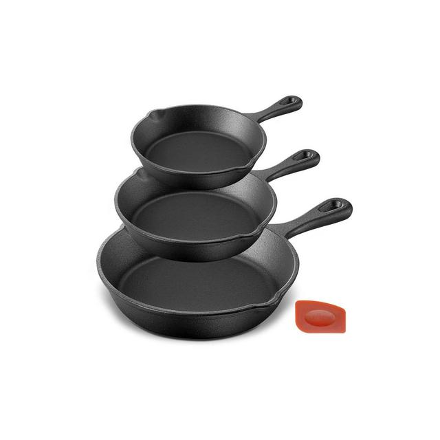 NutriChef 3pc Kitchen Skillet Pans - Pre-Seasoned Iron Skillet Cooking Pan Set with Scraper