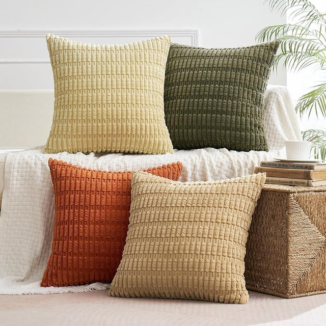 MIULEE Pack of 4 Corduroy Decorative Throw Pillow Covers 18x18 Inch Soft Boho Striped Pillow Covers Modern Farmhouse Home Decor for Sofa Living Room Couch Bed Brown Green