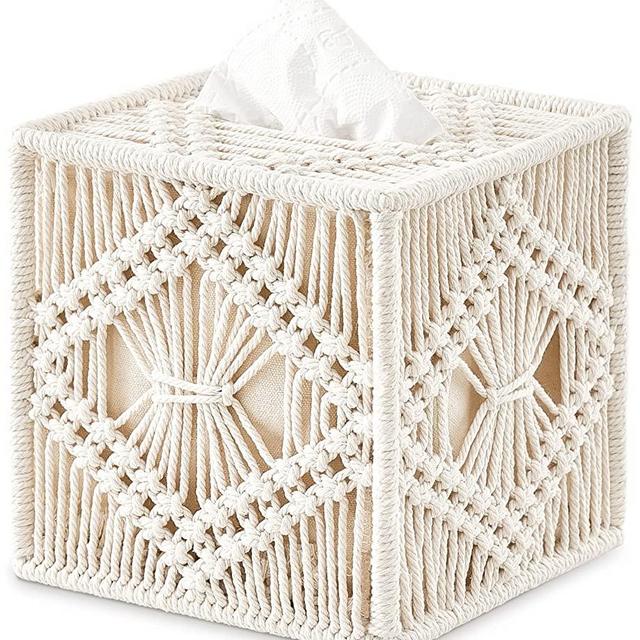 Mkono Tissue Box Cover Macrame Square Tissue Box Holder Boho Decor Open-Bottom Tissue Organizer Bohemian Handmade Woven Tissue Cube Box for Bathroom Bedroom Dresser Living Room Office