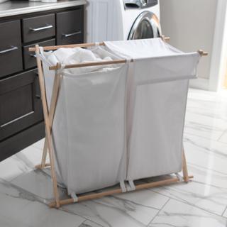 X-Frame Wood Double Laundry Hamper Sorter with Bag