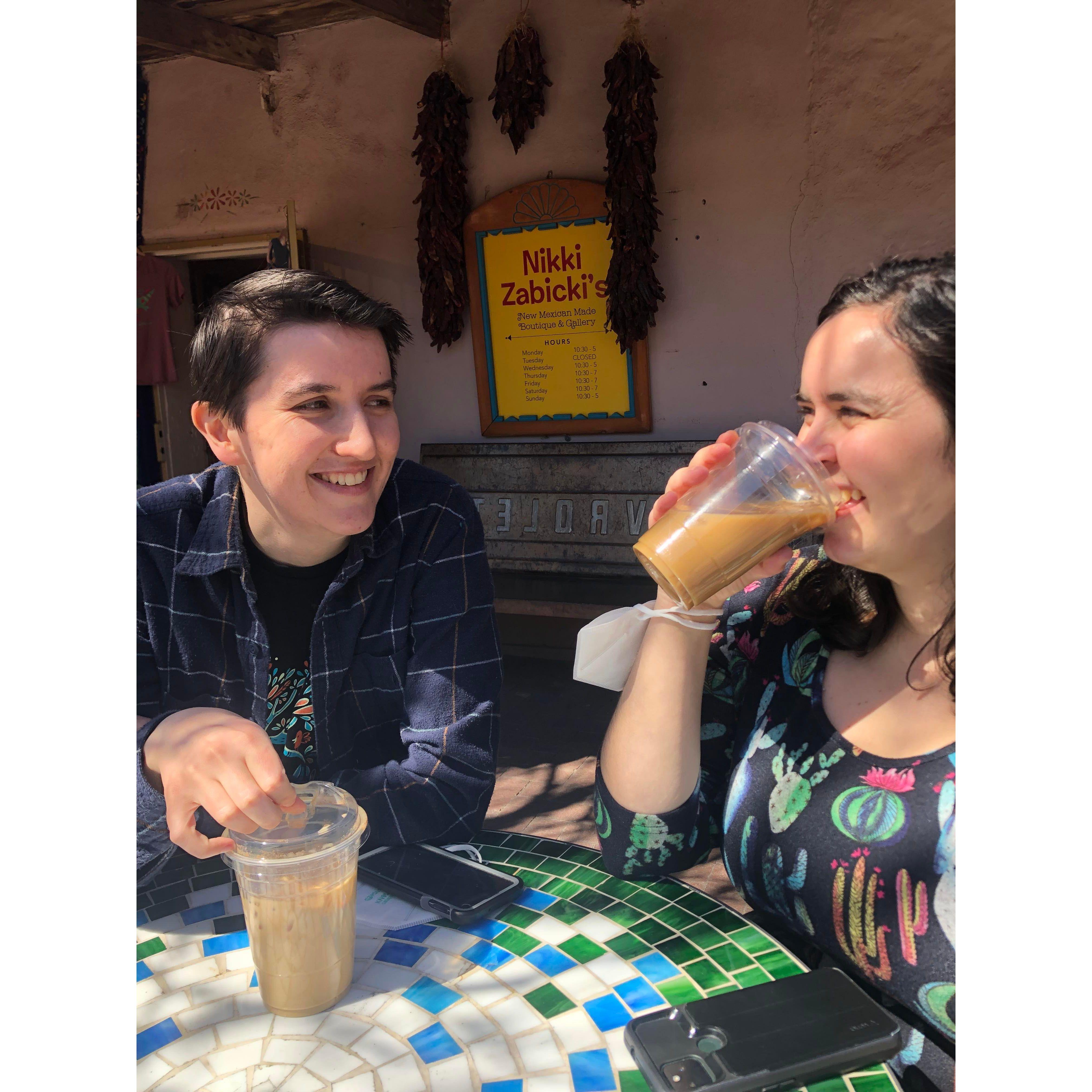 Drinking coffee in Old Town, Albuquerque, spring 2023