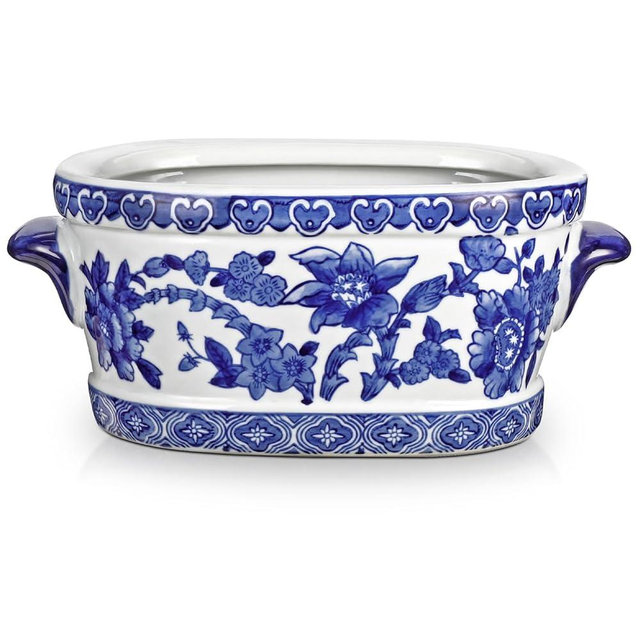 Arborus Blue and White Ceramic Planter Pot – Vintage Floral Oval Cachepot Vase for Indoor Plants, Flowers & Succulents – Glazed Chinese Porcelain Style Decorative Bowl – 7.4" Size – No Drainage