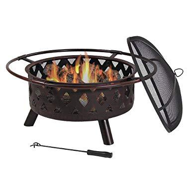 Sunnydaze Crossweave Outdoor Fire Pit - 30 Inch Deep Bonfire Wood Burning Patio & Backyard Firepit for Outside with Spark Screen, Fireplace Poker, and Metal Grate, Bronze