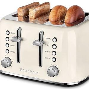 Toaster 4 Slice Retro Stainless Steel with Extra Wide Slots Bagel, Defrost, Reheat Function, Dual Independent Control Panel, Removable Crumb Tray, 6 Browning Levels, Cream White