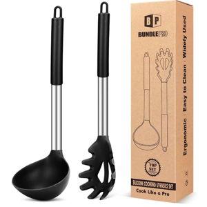 Silicone Pasta Fork and Ladle Spoon Set, Large Non Stick Kitchen Utensils for Cooking,Stirring,Serving Spaghetti, Soup, Sauce (BLACK)