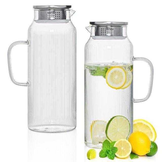 INSETLAN 68oz/2L Glass Pitcher with Lid and Spout, 2-Pack Glass Jugs with Handle,Ribbed Water Pitcher with Lid for Iced Tea, Hot Water, Juice, Lemonade – Modern Carafe for Fridge or Table