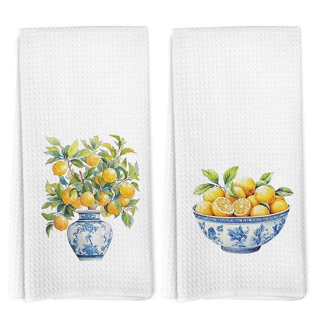 EGBTL Chinoiserie Lemon Kitchen Towels Set of 2, Blue and White Porcelain Lemons Tree Hand Towels for Bathroom Decor, Grandmillennial Lemon Fruit Dishcloths Dish Towel for Kitchen, 16x24 Inches