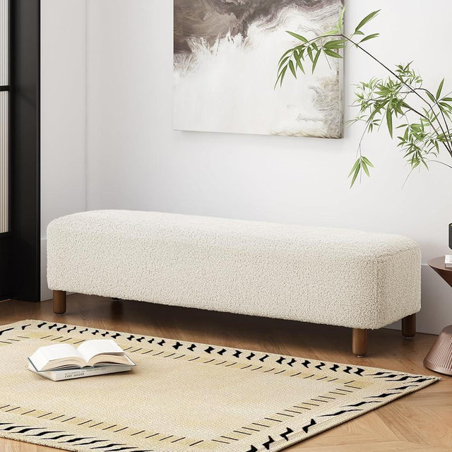 AOPNOMU 60.25 Inch Upholstered Ottoman Bench Modern Bedroom Bench with Solid Pine Wood Legs, Comfortable Entryway Window Bench Long Footrest Padded Seat for Living Room, White