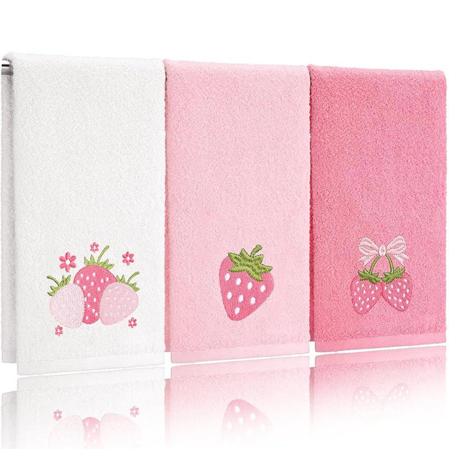 Tingjoo 3 Pcs Strawberry Hand Towels 14x29 Inch Spring Summer Bathroom Decor Farmhouse Pink Strawberry Cotton Embroidered Soft Absorbent Bathroom Decor Towels for Kitchen