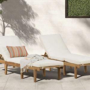 Eugenio Outdoor Acacia Wood Chaise Lounge , Cushion Included - Cream, 2