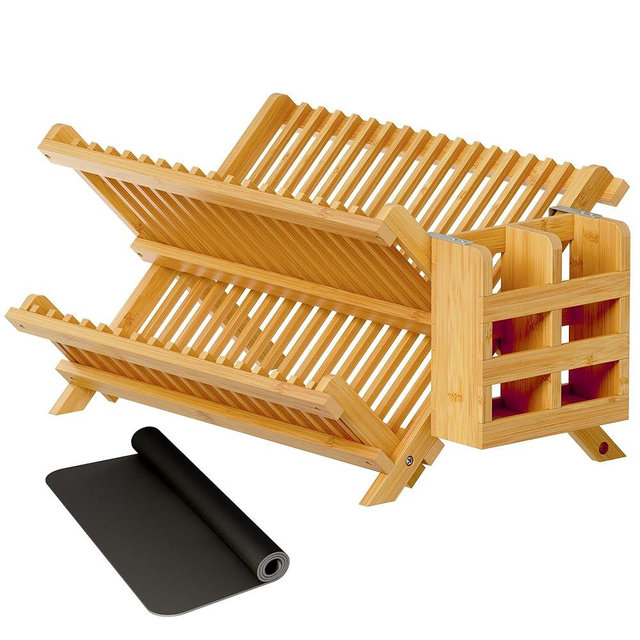 Greenual Bamboo Dish Drying Rack with Utensil Holder, 2 Tier Collapsible Dish Rack, Wooden Dish Racks for Kitchen Counter, Folding Drying Holder with Absorbent Dish Drying Mat