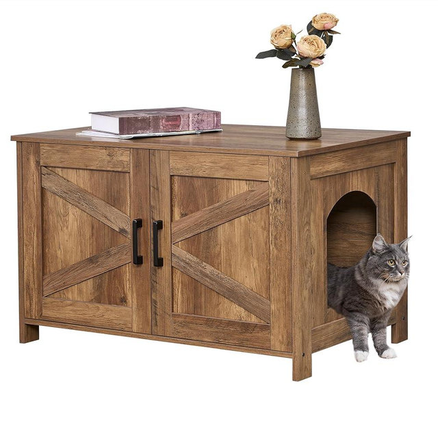 Homhedy Cat Litter Box Enclosure,Litter Box Furniture Hidden with Barn Door,Wooden Cat Washroom Furniture,Cat House,Fit Most of Litter Box, Rustic Walnut