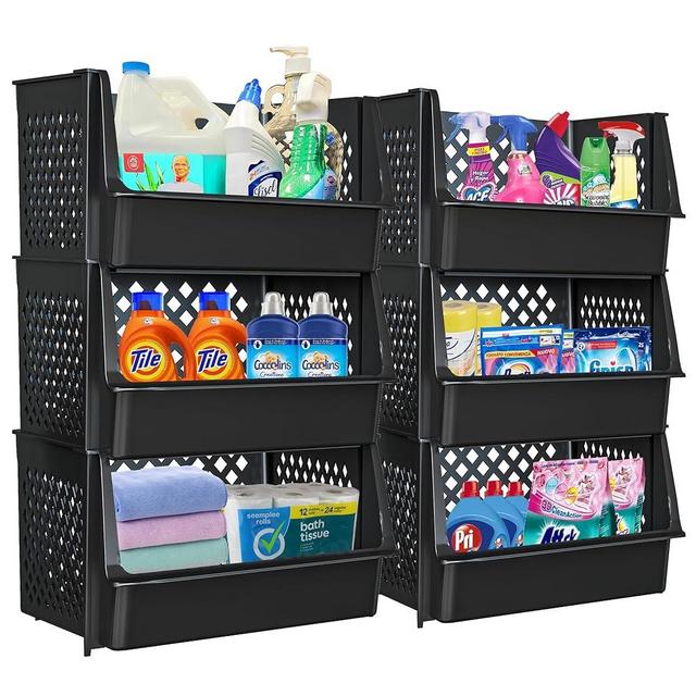 TidyFriend Plastic Stackable Bins for Pantry, 6 Pack Large Stacking Bins Open Front Kitchen, and Bathroom Organization, Open Front Design (Black)