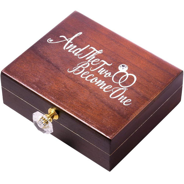 Wedding Ring Bearer Box and Then Two Become One Mr. and Mrs. Diamond Ring Box Holder Elegant Wedding Gift, 5W x 6D x 2H(Dark Brown)