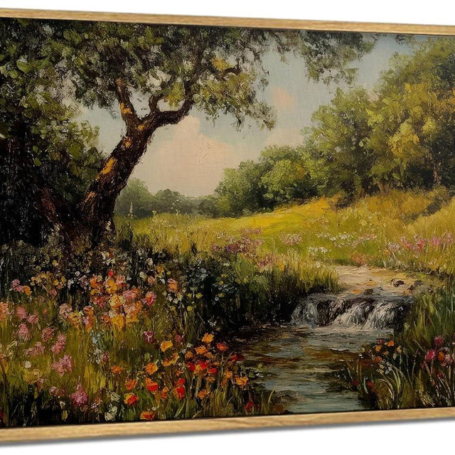 Framed Canvas Wall Art Vintage Decor Poplars Stream Nature Landscape Painting Picture Wall Decor Rustic Flower Cottagecore Print Artwork for Bedroom Living Room Bathroom Home Decoration