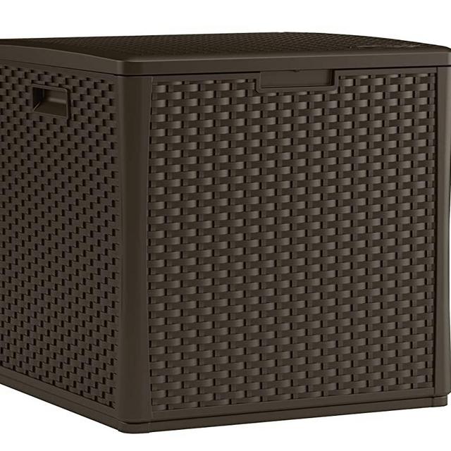 Suncast 60-Gallon Medium Deck Box - Lightweight Resin Indoor/Outdoor Storage Container and Seat for Patio Cushions and Gardening Tools - Store Items on Patio, Garage, Yard - Java