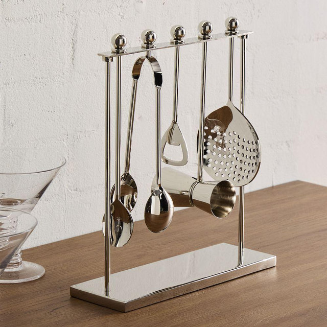 Soro Barware, Bar Tools, Glass Metal, Silver, Set of 5