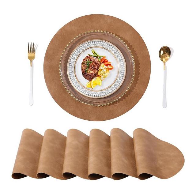 UnivoColors PU Leather Placemats Set of 6,15 Inches Round Washed Cowhide Pattern Table Mats for Dining Table, Kitchen, Party Decoration(Retro Camel)