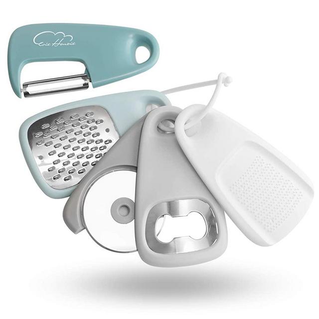 Kitchen Gadgets Set 5 Pieces, Space Saving Cooking Tools Cheese Grater, Bottle Opener, Fruit/Vegetable Peeler, Pizza Cutter, Garlic/Ginger Grinder, Stainless Steel Accessories Dishwasher Safe(Blue)