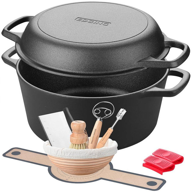 EDGING CASTING Pre-Seasoned Cast Iron Dutch Oven Pot with Skillet Lid Cooking Pan, 2-in-1 Sourdough Bread Baking, With Proofing Basket and Baking Supplies, 5 QT