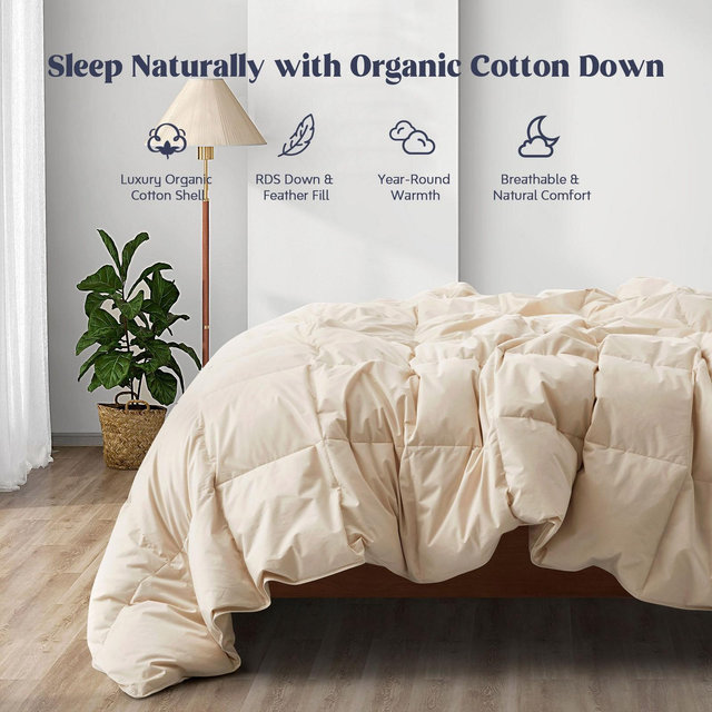 Puredown All Season 100% Organic Cotton Down Duvet Insert Medium Warmth Comforter, Off-white, Full/Queen