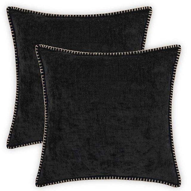 decorUhome Decorative Throw Pillow Covers 18x18 Set of 2, Farmhouse Velvet Pillow Covers, Square Chenille Pillow Covers with Stitched Edge for Couch, Sofa, Black