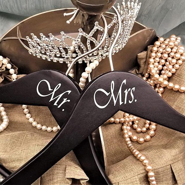 NAHANCO MRMRS20217B Bridal Hanger Set, Black Wood Hangers with Silver Imprint (Mr. and Mrs.), 17” (2 Piece Set), Black w/Silver Imprint