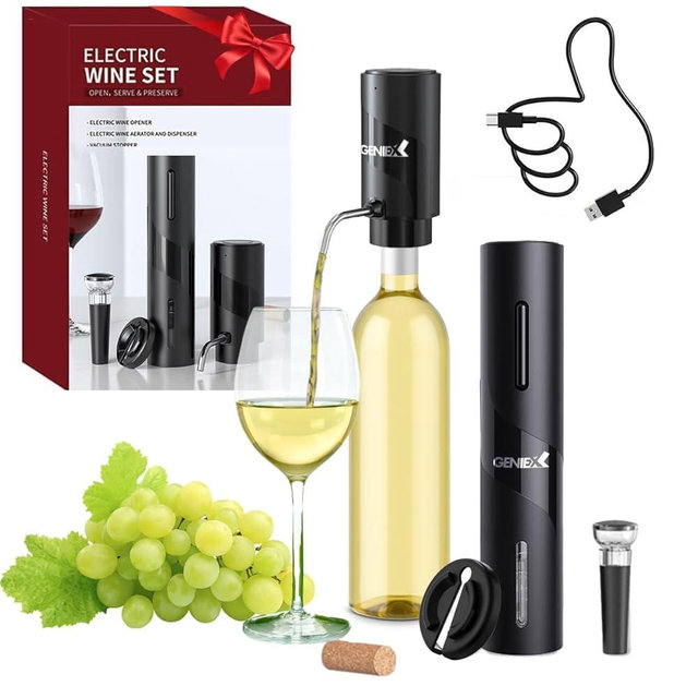 GENIEX Electric Wine Set 4 | Automatic Wine Opener Dispenser Gift Set - Electric Corkscrew Opener & Auto Wine Dispenser | Perfect HouseWarming Gift, Cool Wine Gifts for Wine Lovers