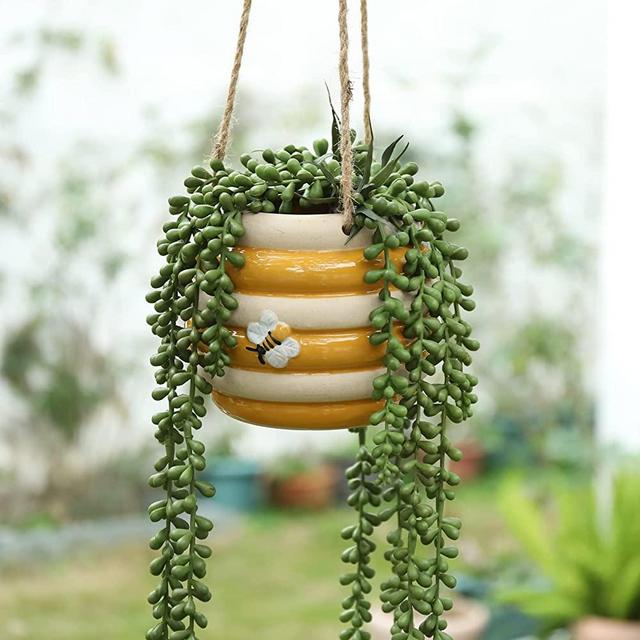 Chonsun Hanging Ceramic Planter 5 Inch Cute Bee Plant Pot Indoor Outdoor Yellow Planter Flower Pot Succulent Plant Pot Ceramic Mid-Century Planter