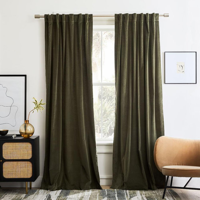 Cotton Velvet Curtain, Dark Olive, 48"x96"