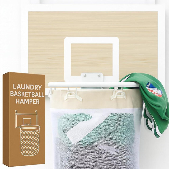 ActiveJoy – Basketball Laundry Hamper – Wooden Backboard & Mesh Hoop Laundry Basket – Over Door Hanging Organizer for Kids - White Oak