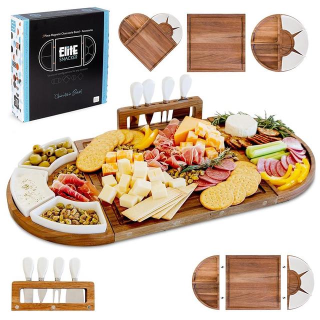 Large Wooden Charcuterie Board Set - 3-Piece Magnetic Long Serving Board Tray with Charcuterie Accessories - Acacia Wood Cheese Platter with Cheese Knife Set & Dishes - Brown (Sealed Clear Finish)