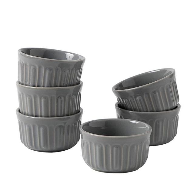 FE Ramekins, Rome Pillar Souffle Dish 8 oz Oven Safe, Custard Cups Set of 6, Porcelain Ramekins for Baking Creme Brulee & Pudding (Cement Grey)