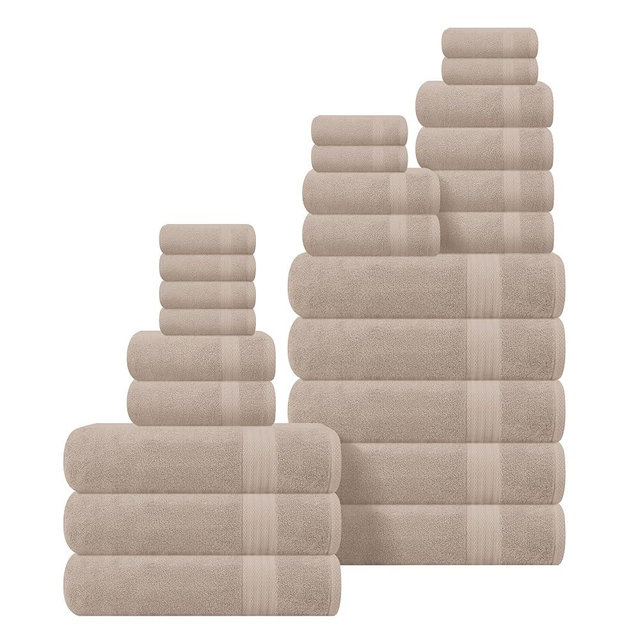 GLAMBURG Ultra Soft 24-Piece Towel Set - 100% Pure Ringspun Cotton, Contains 8 Oversized Bath Towels 27x54, 8 Hand Towels 16x28, 8 Wash Cloths 13x13 - Ideal for Everyday use, Hotel & Spa - Tan