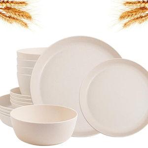 12pcs Wheat Straw Dinnerware Set of 4,Reusable Plastic Plates,Unbreakable Dinner Plates,Deep Dinner Hard Premium Plastic Plate,Microwave Dishwasher Safe for Camping,Picninc,Family Dinner
