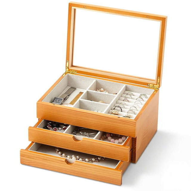 Nosiny Wooden Jewelry Box with Glass Lid, 3-Layer Jewelry Organizer with 2 Drawers for Rings, Earrings, Necklaces & Bracelets, Solid Wood Display Case for Women, Brown