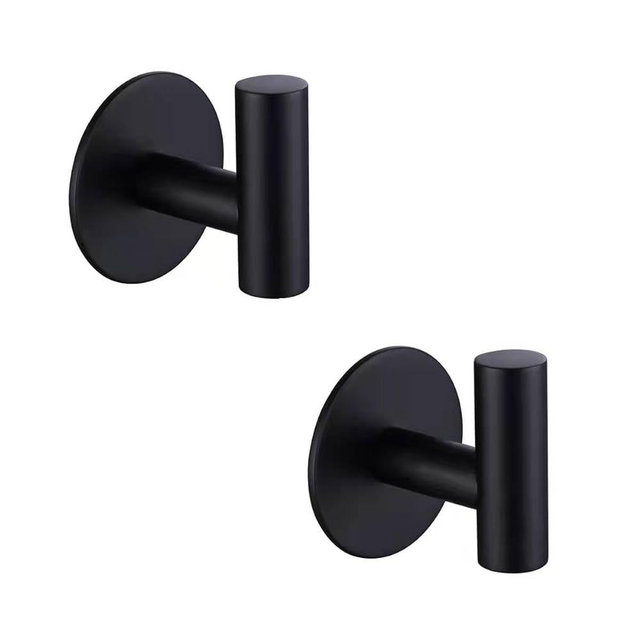 Zuvky Self Adhesive Hooks 304 Stainless Steel Heavy Duty Hangers Without Nails for Bathrooms Kitchen Livingroom Garage Hotel Waterproof Towel Hook-2 Pack (Black)