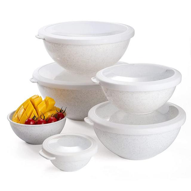 COOK WITH COLOR Mixing Bowls with TPR Lids - 12 Piece Plastic Nesting Bowls Set includes 6 Prep Bowls and 6 Lids, Microwave Safe Mixing Bowl Set (Speckled White)